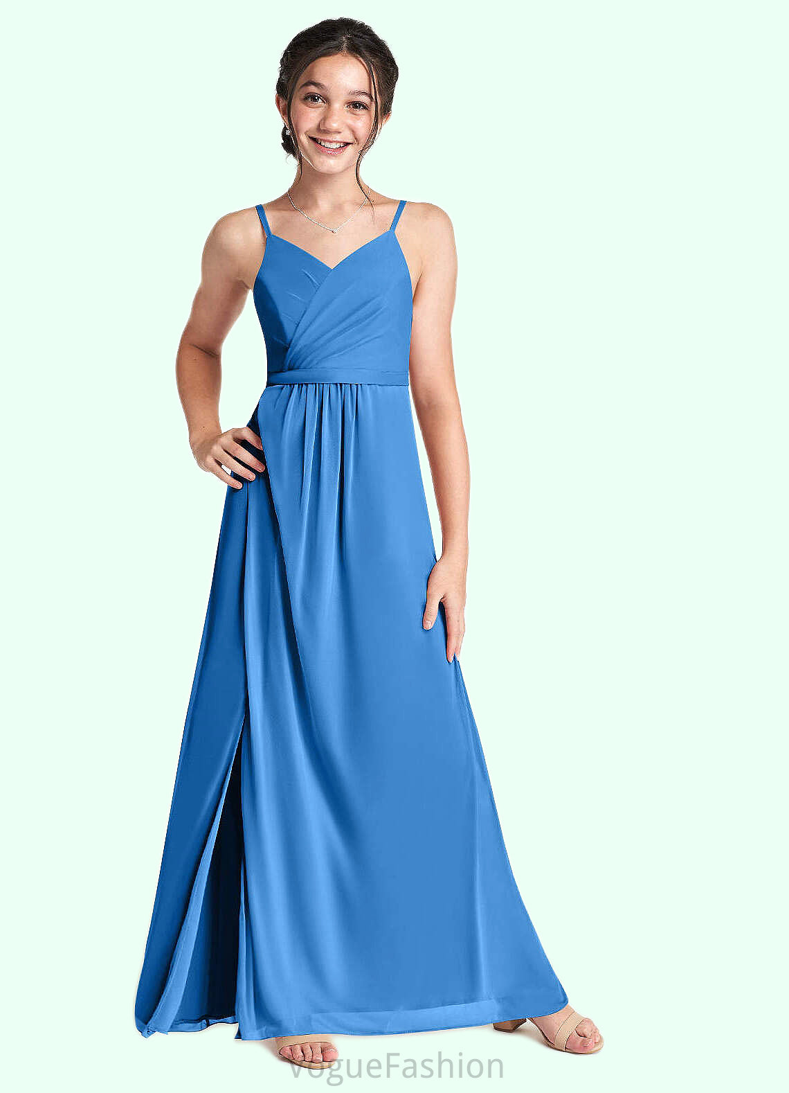 Juliana Pleated Mesh Floor-Length Junior Bridesmaid Dress Blue Jay DKP0022861