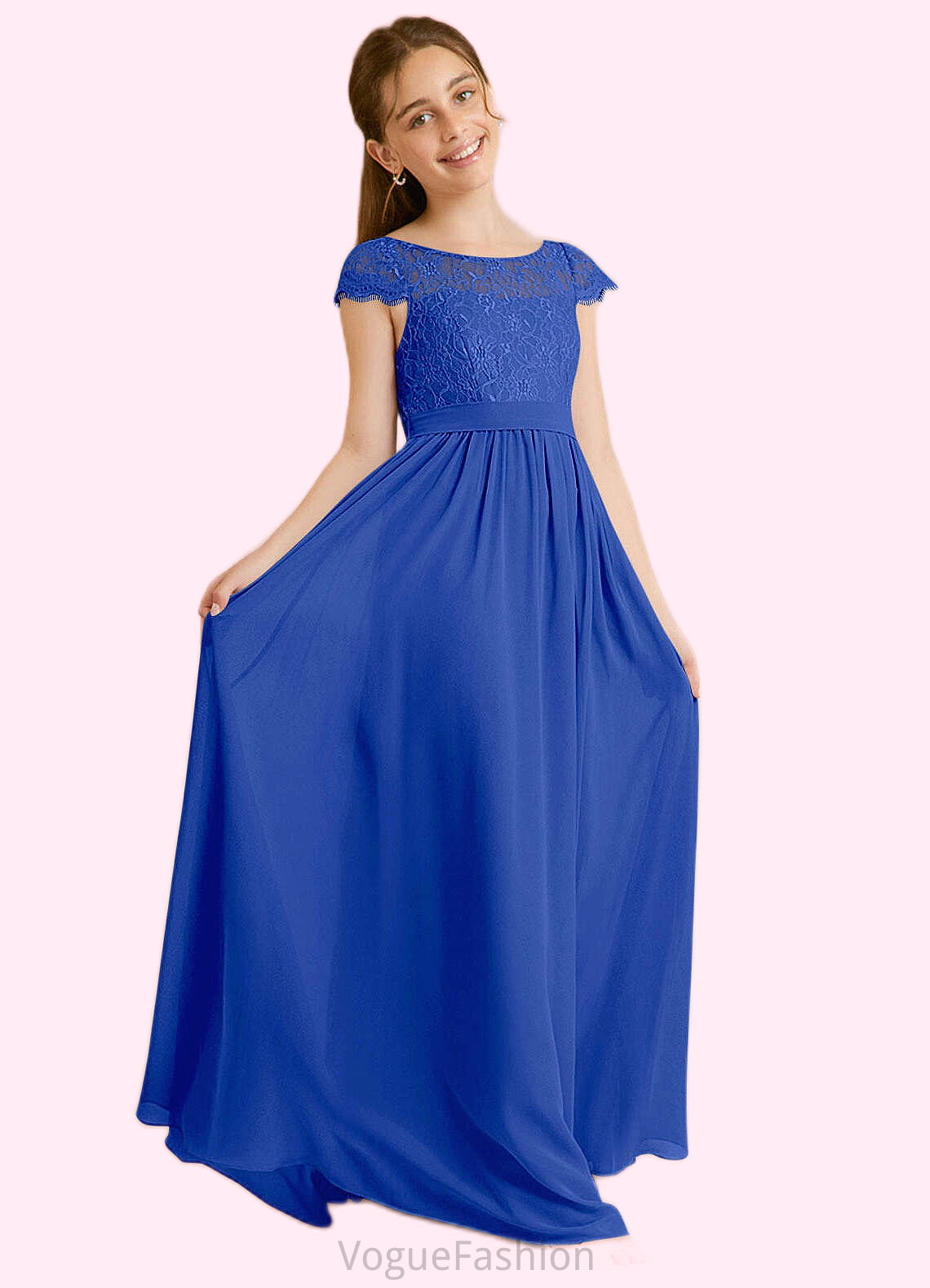 Jaida A-Line Pleated Chiffon Floor-Length Junior Bridesmaid Dress Royal Blue DKP0022863