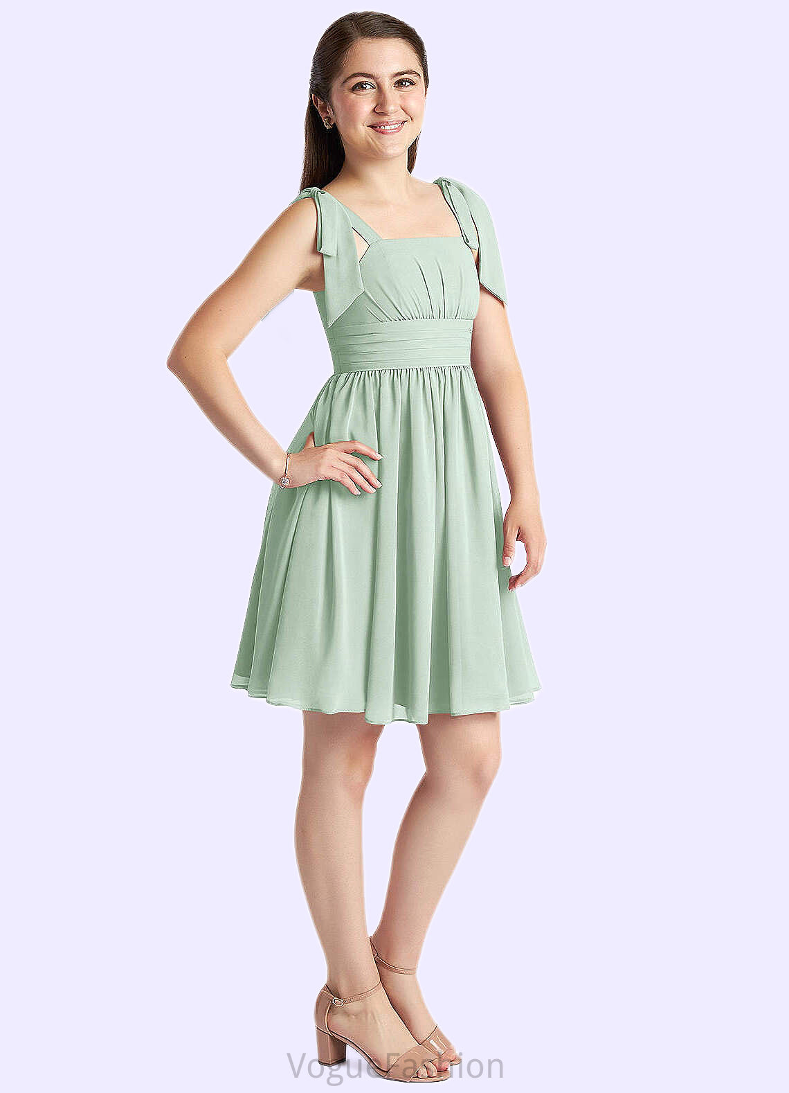 Jade A-Line Pleated Chiffon Mini Junior Bridesmaid Dress Agave DKP0022864