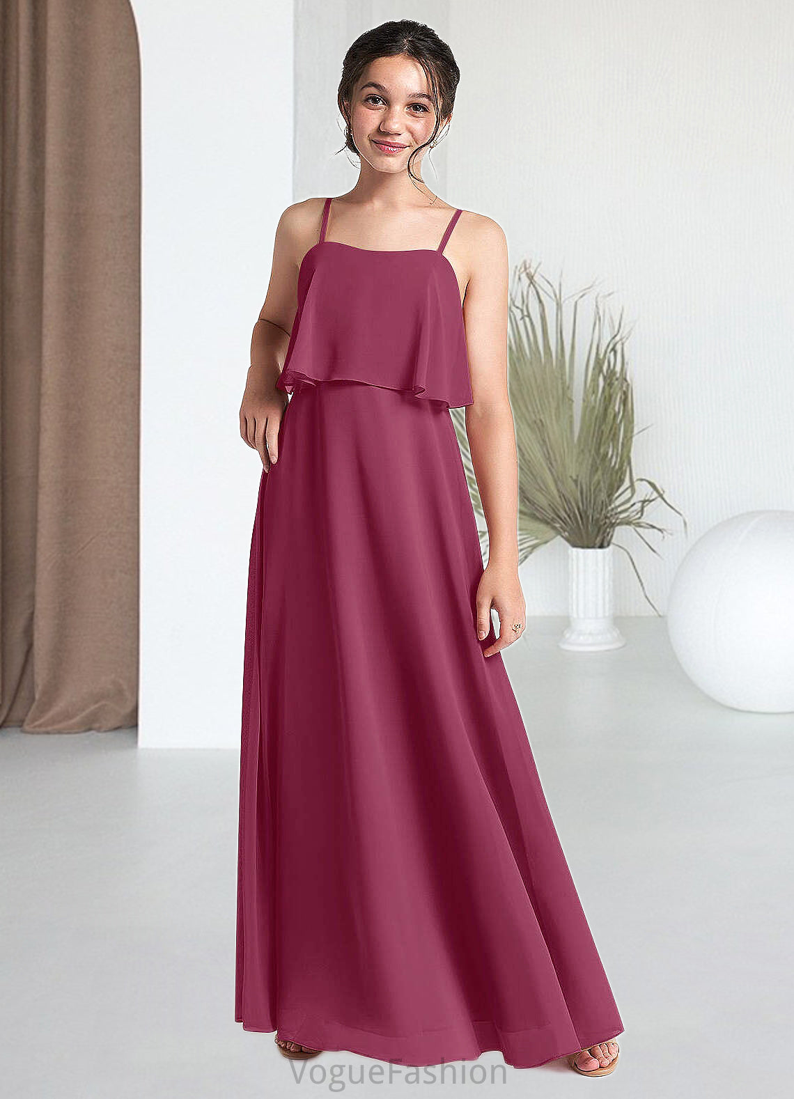 Julianne A-Line Ruched Chiffon Floor-Length Junior Bridesmaid Dress Mulberry DKP0022874