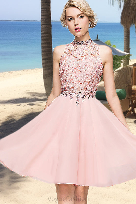 Braelyn A-line High Neck Knee-Length Chiffon Lace Homecoming Dress With Beading Sequins DKP0020596