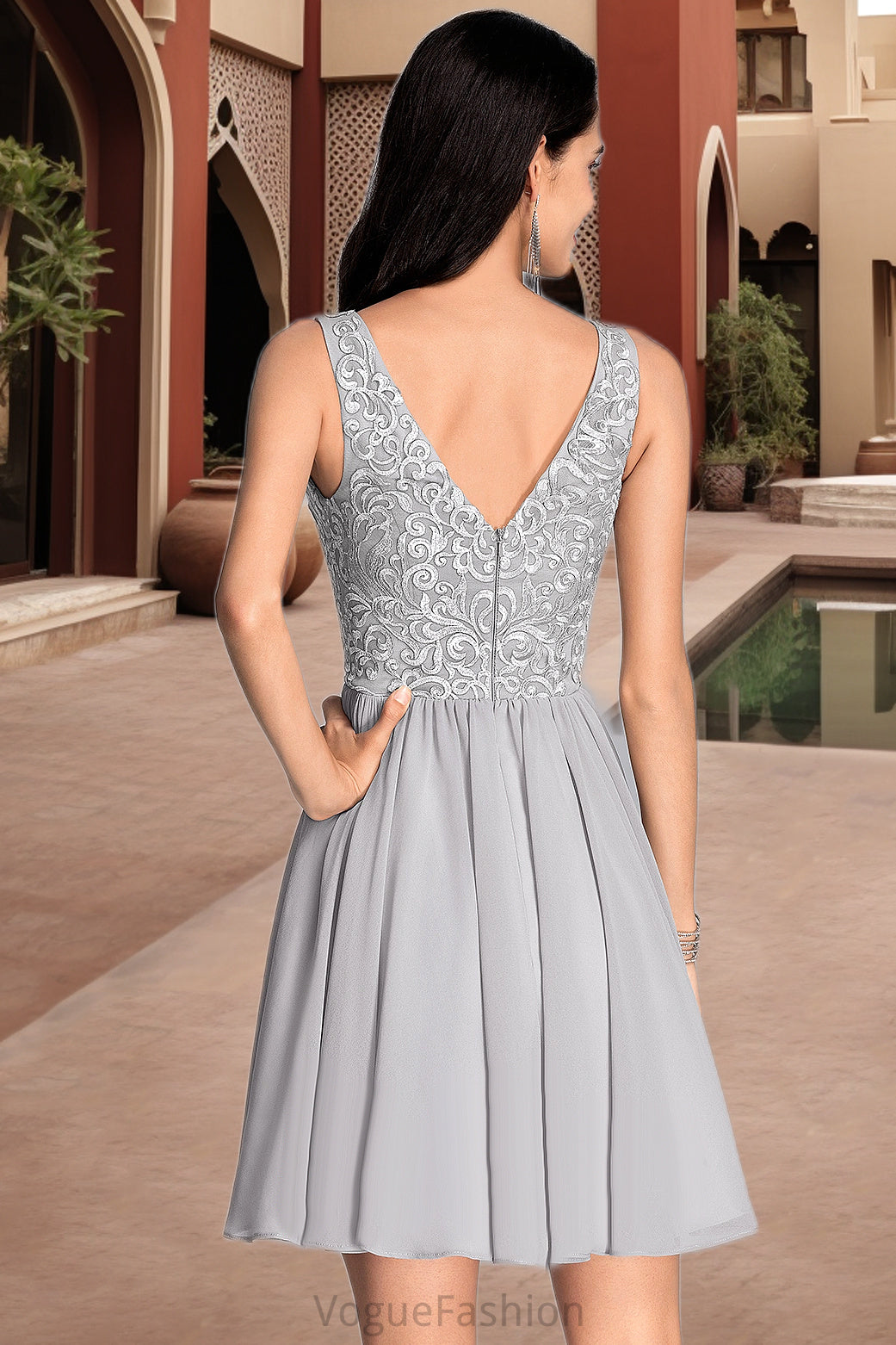 Luna A-line V-Neck Short/Mini Chiffon Lace Homecoming Dress With Sequins DKP0020557