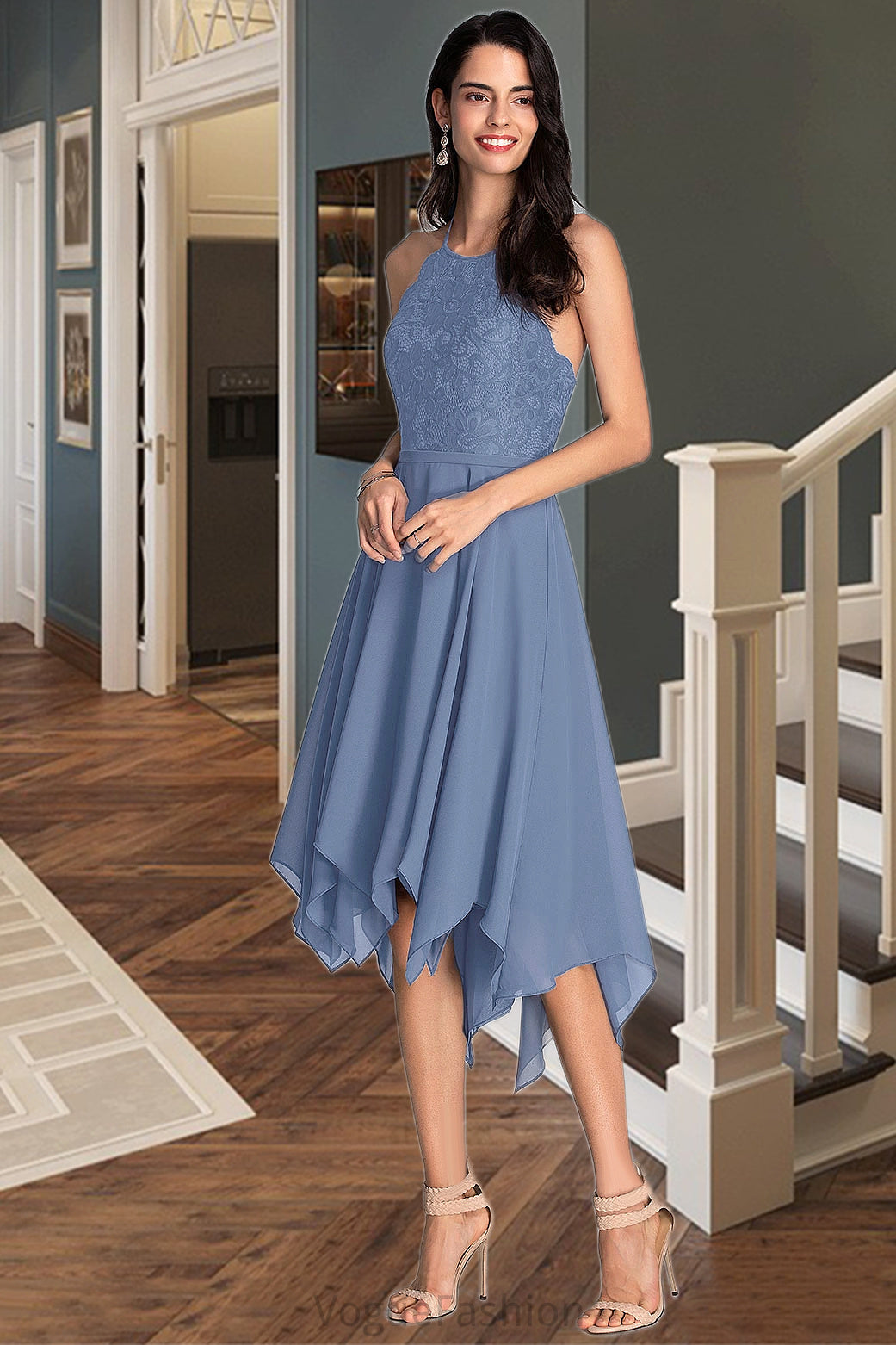 Gabriella A-line Halter Asymmetrical Chiffon Lace Homecoming Dress DKP0020561