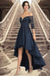 Regina A-line Off the Shoulder Asymmetrical Lace Satin Homecoming Dress With Sequins DKP0020580