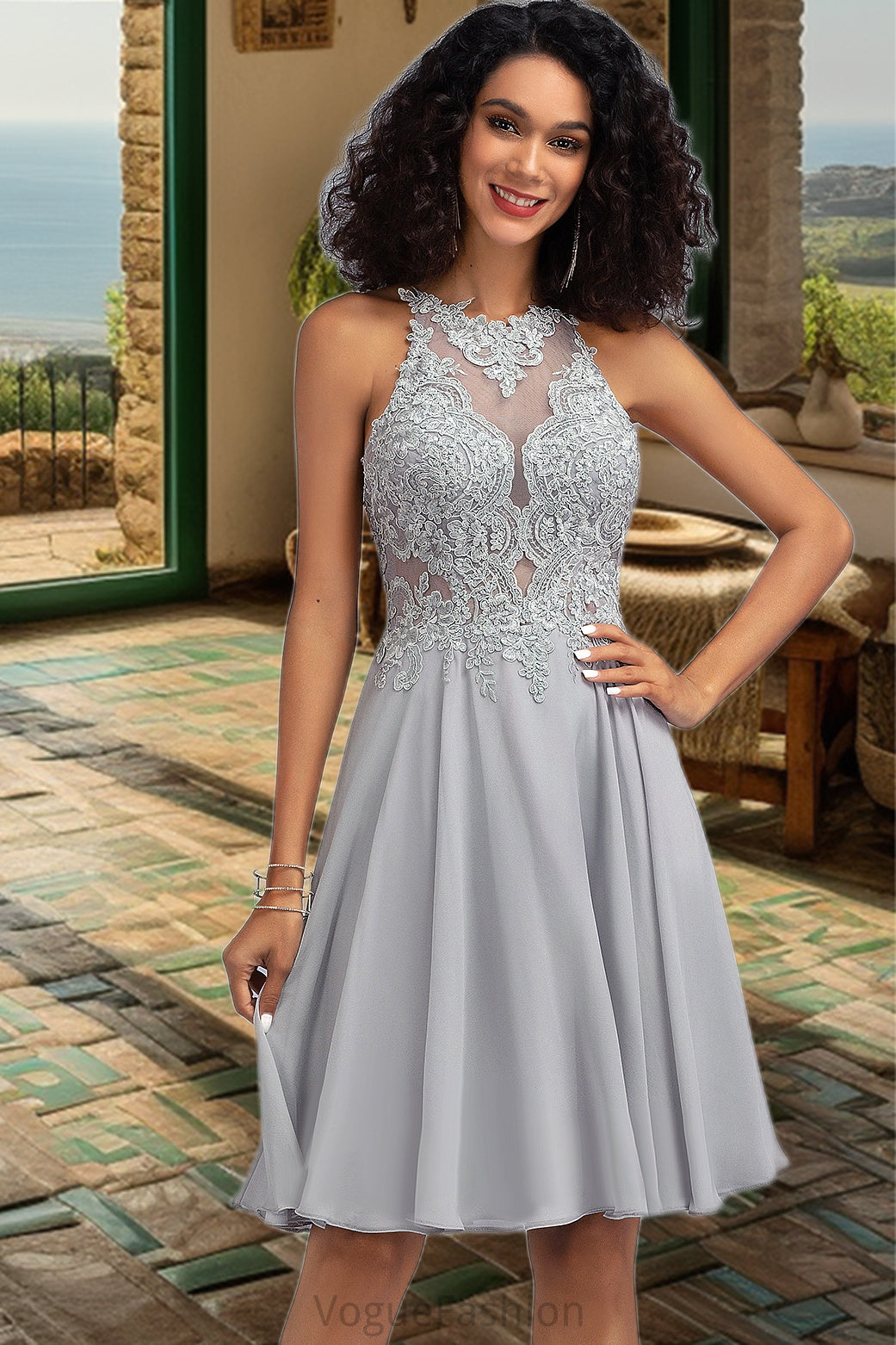 Janae A-line Scoop Knee-Length Chiffon Lace Homecoming Dress With Sequins DKP0020571