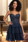 Shayla A-line Sweetheart Short/Mini Chiffon Lace Homecoming Dress With Beading Sequins DKP0020576