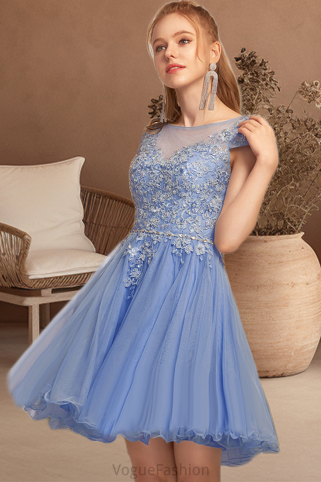 Patti A-line Scoop Short/Mini Tulle Homecoming Dress With Beading Appliques Lace DKP0020547