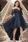 Regina A-line Off the Shoulder Asymmetrical Lace Satin Homecoming Dress With Sequins DKP0020580