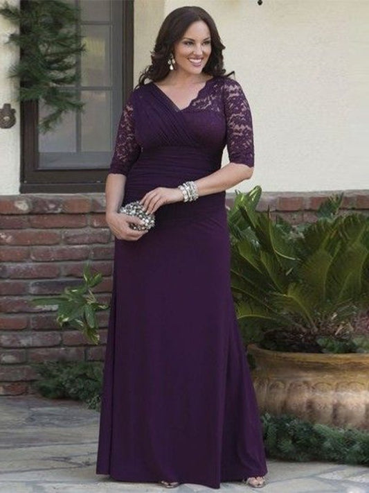 Thea A-Line/Princess Satin Lace V-neck 1/2 Sleeves Floor-Length Mother of the Bride Dresses DKP0020382
