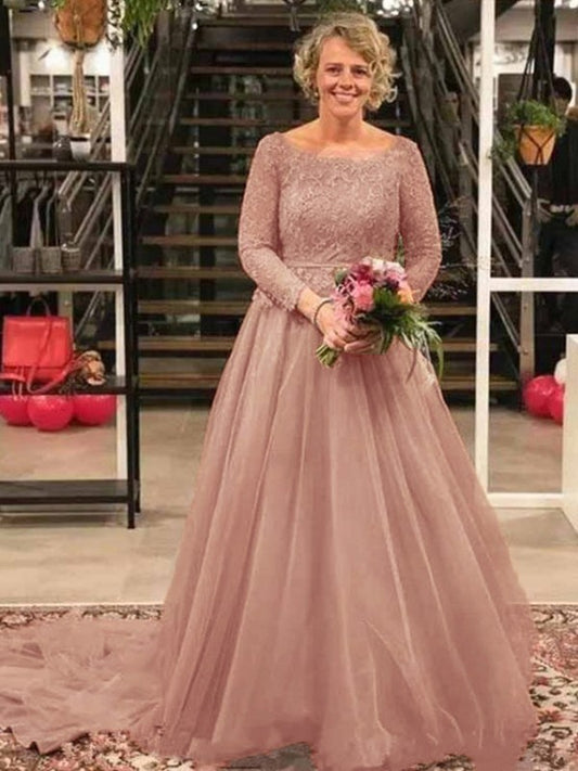 Willa A-Line/Princess Tulle Applique Scoop Long Sleeves Court Train Mother of the Bride Dresses DKP0020413