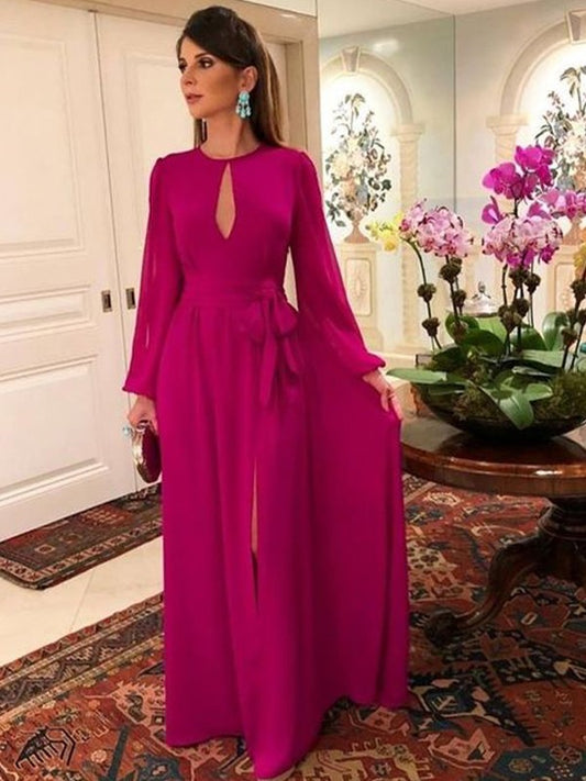 Larissa A-Line/Princess Chiffon Ruched Scoop Long Sleeves Floor-Length Mother of the Bride Dresses DKP0020417