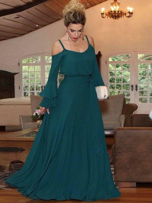 Belinda A-Line/Princess Chiffon Ruffles Square Long Sleeves Floor-Length Mother of the Bride Dresses DKP0020433