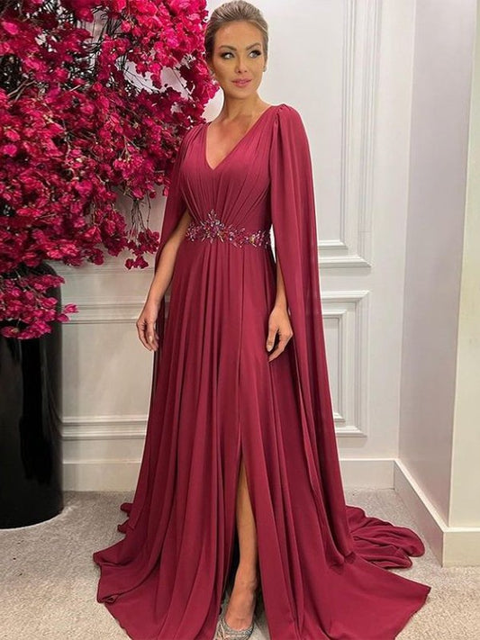 Leia A-Line/Princess Chiffon Ruched V-neck Long Sleeves Court Train Mother of the Bride Dresses DKP0020287