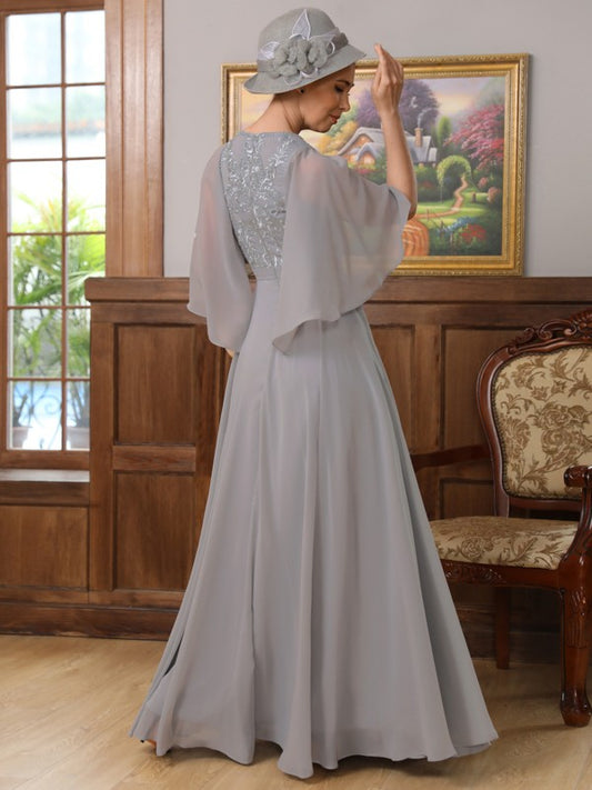 Jaelyn A-Line/Princess Chiffon Applique V-neck 1/2 Sleeves Floor-Length Mother of the Bride Dresses DKP0020334