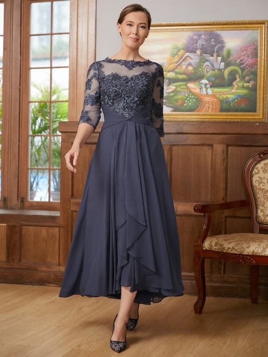 Ingrid A-Line/Princess Chiffon Applique Scoop 3/4 Sleeves Asymmetrical Mother of the Bride Dresses DKP0020346