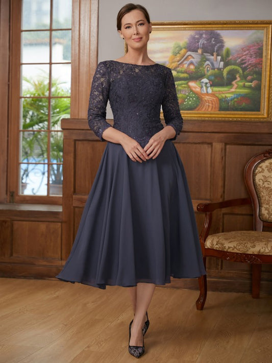 Vicky A-Line/Princess Chiffon Lace Scoop 3/4 Sleeves Tea-Length Mother of the Bride Dresses DKP0020347