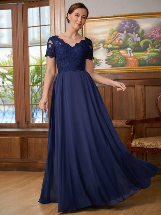 Maritza A-Line/Princess Chiffon Lace V-neck Short Sleeves Floor-Length Mother of the Bride Dresses DKP0020311