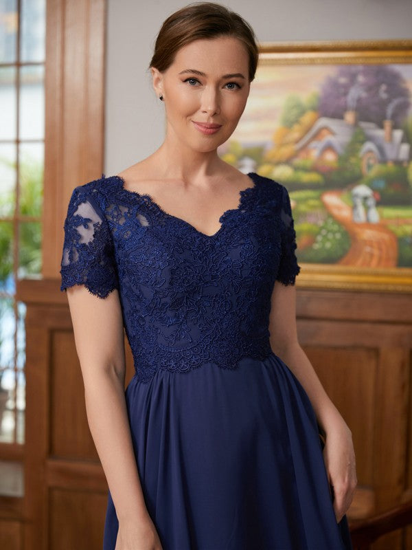 Maritza A-Line/Princess Chiffon Lace V-neck Short Sleeves Floor-Length Mother of the Bride Dresses DKP0020311