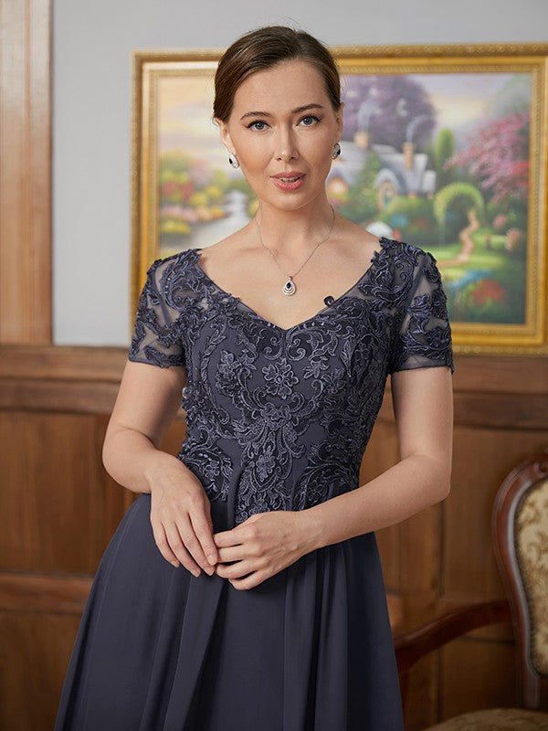 Deja A-Line/Princess Chiffon Applique V-neck Short Sleeves Floor-Length Mother of the Bride Dresses DKP0020337