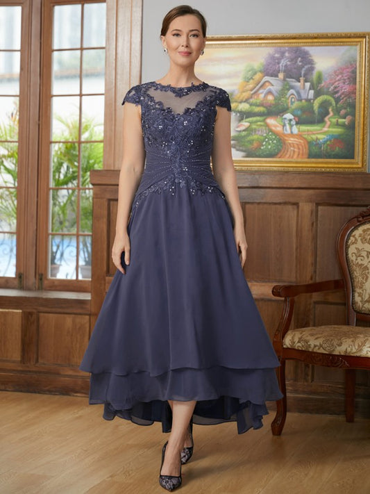 Athena A-Line/Princess Chiffon Applique Scoop Short Sleeves Asymmetrical Mother of the Bride Dresses DKP0020307
