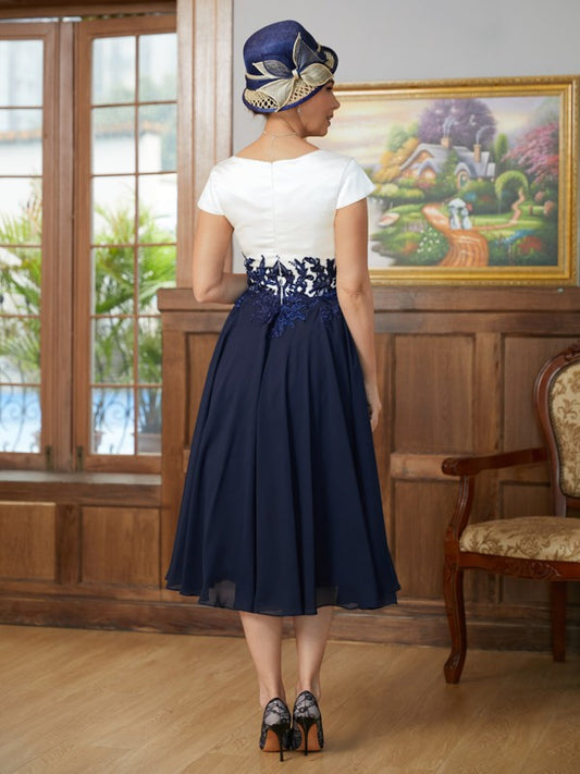Maya A-Line/Princess Chiffon Applique V-neck Short Sleeves Tea-Length Mother of the Bride Dresses DKP0020349