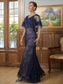 Paris Sheath/Column Silk like Satin Lace V-neck Short Sleeves Floor-Length Mother of the Bride Dresses DKP0020338