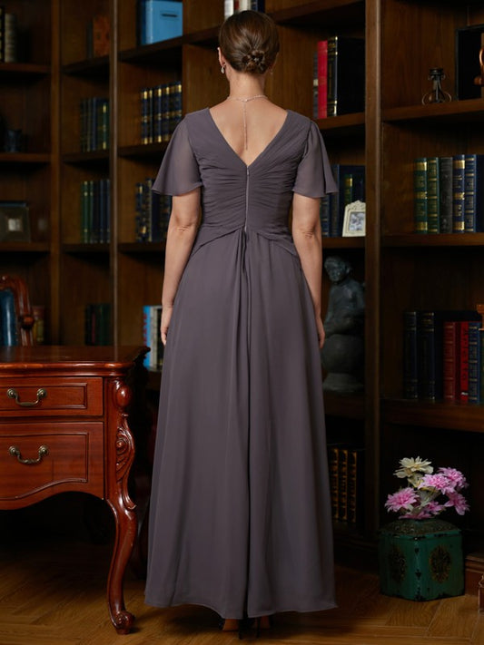 Allison A-Line/Princess Chiffon Ruched V-neck Short Sleeves Floor-Length Mother of the Bride Dresses DKP0020304