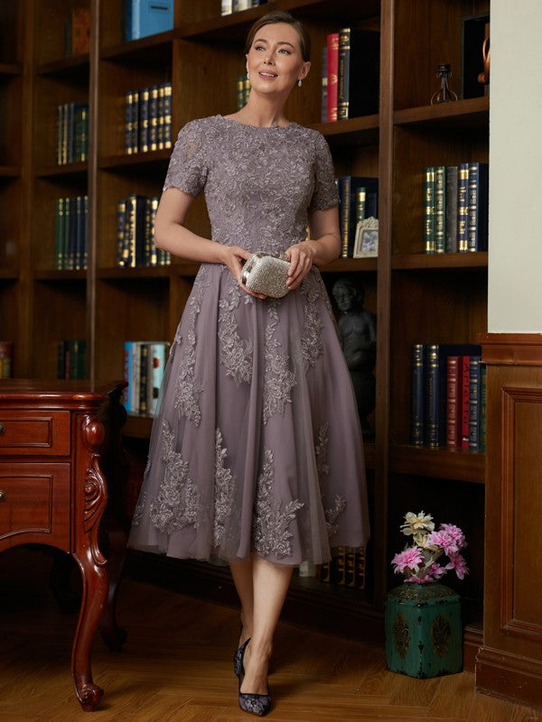 Kassidy A-Line/Princess Chiffon Lace Scoop Short Sleeves Tea-Length Mother of the Bride Dresses DKP0020302