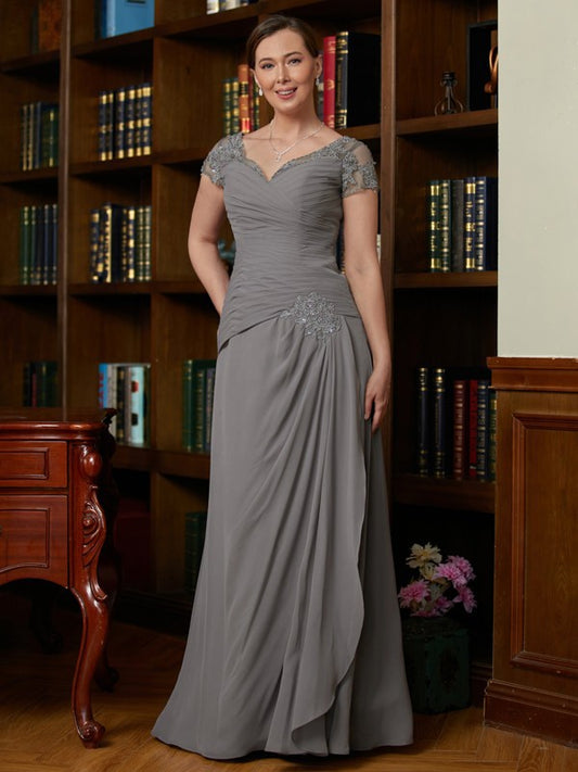 Lucia A-Line/Princess Chiffon Applique Sweetheart Short Sleeves Floor-Length Mother of the Bride Dresses DKP0020328