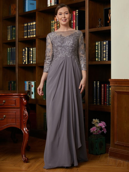 Aracely A-Line/Princess Chiffon Lace Scoop 3/4 Sleeves Floor-Length Mother of the Bride Dresses DKP0020341