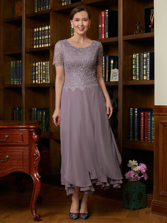Anabelle A-Line/Princess Chiffon Lace Scoop Short Sleeves Ankle-Length Mother of the Bride Dresses DKP0020353