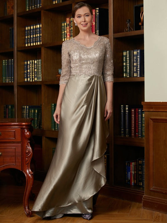 Jewel A-Line/Princess Silk Like Satin Lace V-neck 3/4 Sleeves Sweep/Brush Train Mother of the Bride Dresses DKP0020342