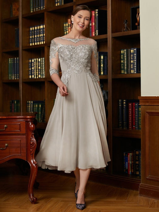 Lyric A-Line/Princess Chiffon Lace Scoop 3/4 Sleeves Tea-Length Mother of the Bride Dresses DKP0020300