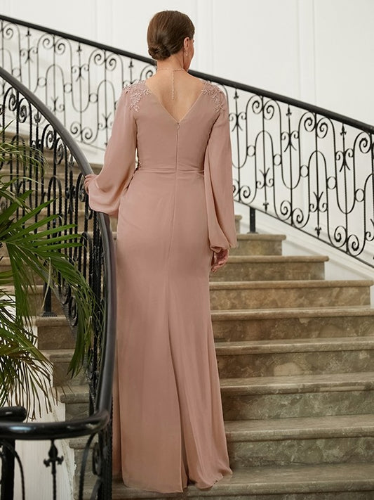 Isabella A-Line/Princess Chiffon Applique V-neck Long Sleeves Floor-Length Mother of the Bride Dresses DKP0020313