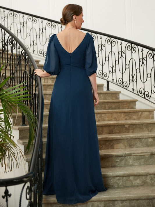 Gertie A-Line/Princess Chiffon Ruched V-neck 1/2 Sleeves Floor-Length Mother of the Bride Dresses DKP0020344