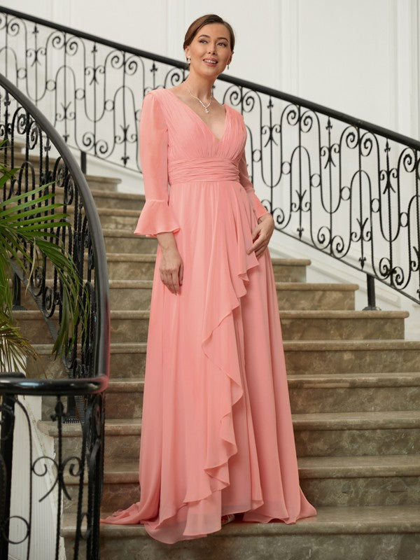 Annabella A-Line/Princess Chiffon Ruched V-neck Long Sleeves Sweep/Brush Train Mother of the Bride Dresses DKP0020305