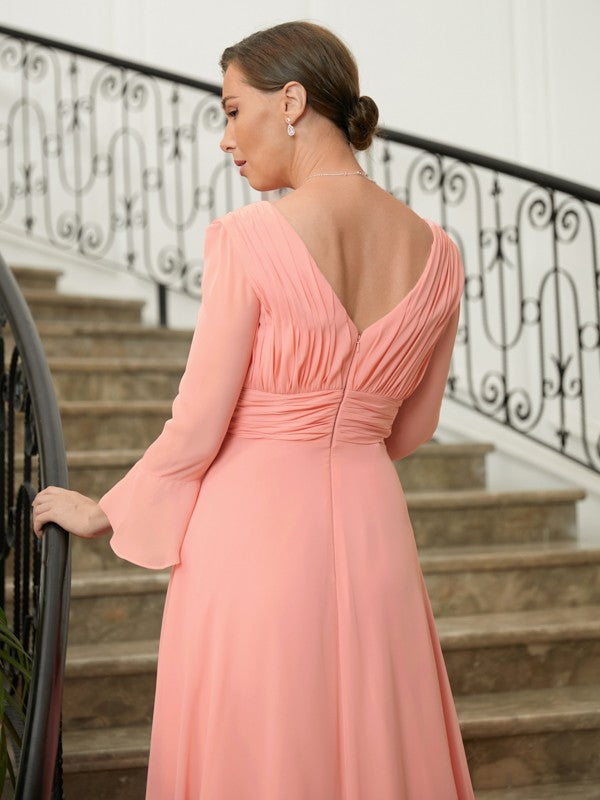 Annabella A-Line/Princess Chiffon Ruched V-neck Long Sleeves Sweep/Brush Train Mother of the Bride Dresses DKP0020305