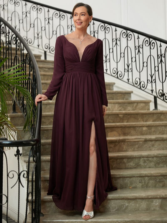 Marie A-Line/Princess Chiffon Ruched V-neck Long Sleeves Floor-Length Mother of the Bride Dresses DKP0020345