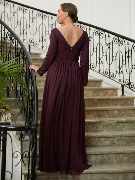 Marie A-Line/Princess Chiffon Ruched V-neck Long Sleeves Floor-Length Mother of the Bride Dresses DKP0020345