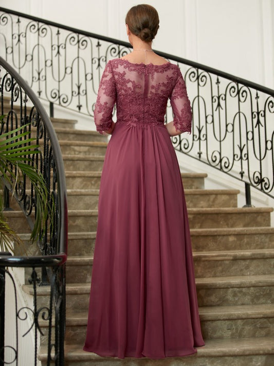 Victoria A-Line/Princess Chiffon Lace V-neck 3/4 Sleeves Floor-Length Mother of the Bride Dresses DKP0020306