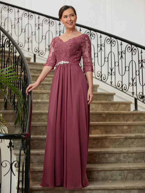 Victoria A-Line/Princess Chiffon Lace V-neck 3/4 Sleeves Floor-Length Mother of the Bride Dresses DKP0020306