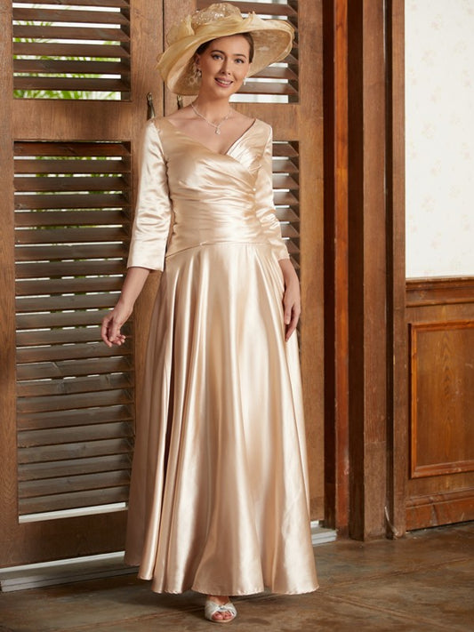 Aria A-Line/Princess Elastic Woven Satin Ruched V-neck 3/4 Sleeves Ankle-Length Mother of the Bride Dresses DKP0020362