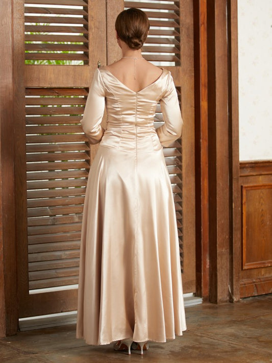 Aria A-Line/Princess Elastic Woven Satin Ruched V-neck 3/4 Sleeves Ankle-Length Mother of the Bride Dresses DKP0020362