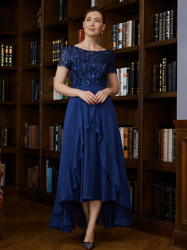 Aspen A-Line/Princess Chiffon Applique Bateau Short Sleeves Asymmetrical Mother of the Bride Dresses DKP0020281