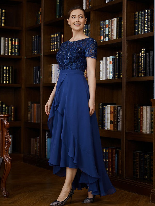 Aspen A-Line/Princess Chiffon Applique Bateau Short Sleeves Asymmetrical Mother of the Bride Dresses DKP0020281