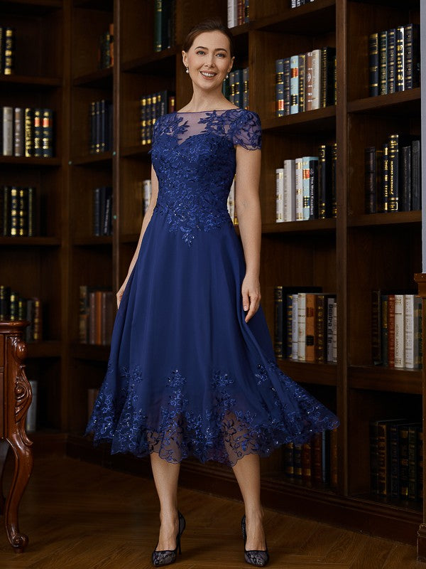 Marisol A-Line/Princess Chiffon Applique Bateau Short Sleeves Tea-Length Mother of the Bride Dresses DKP0020275