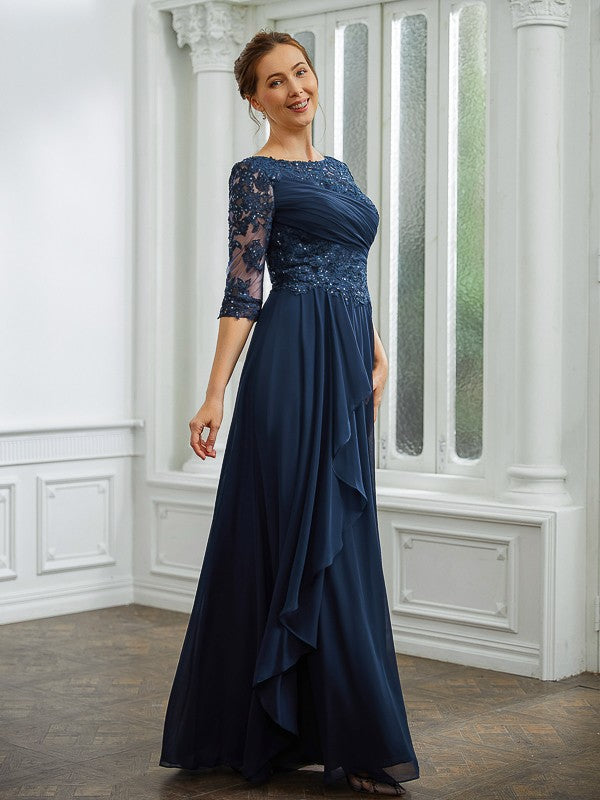 Jaylin A-Line/Princess Chiffon Applique Bateau 3/4 Sleeves Floor-Length Mother of the Bride Dresses DKP0020276