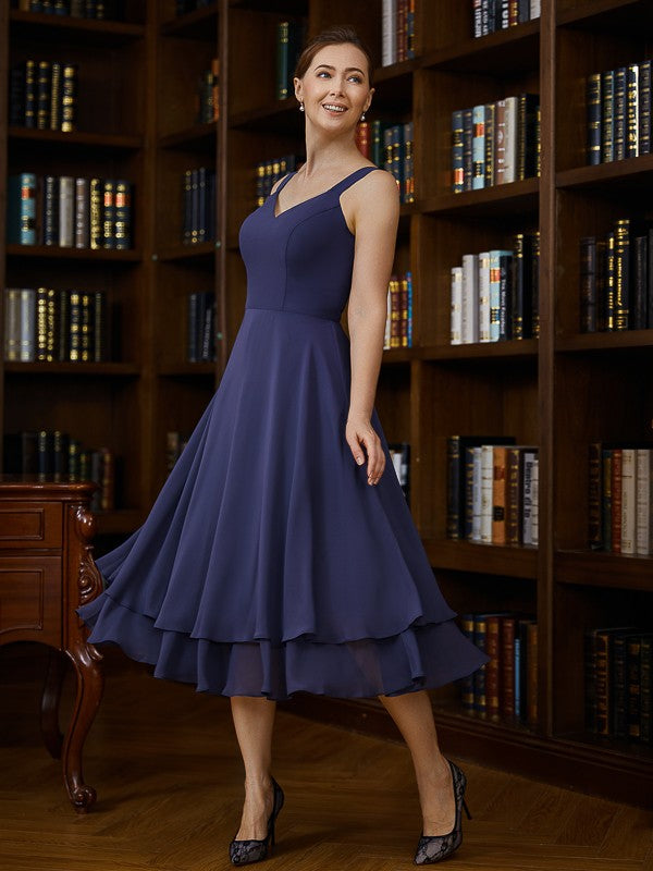Dayana A-Line/Princess Chiffon Ruched V-neck Sleeveless Tea-Length Mother of the Bride Dresses DKP0020277