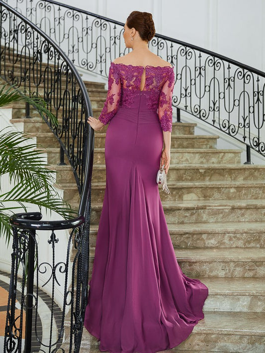 Holly Sheath/Column Chiffon Applique Off-the-Shoulder 3/4 Sleeves Sweep/Brush Train Mother of the Bride Dresses DKP0020278