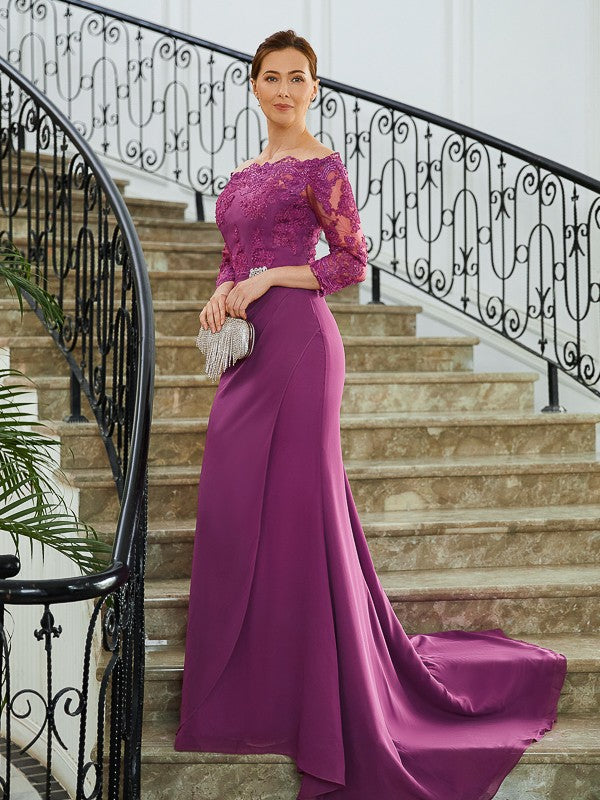 Holly Sheath/Column Chiffon Applique Off-the-Shoulder 3/4 Sleeves Sweep/Brush Train Mother of the Bride Dresses DKP0020278